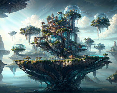 A surreal, floating city with giant trees, glowing spheres, and futuristic architecture suspended on rocky cliffs over a misty body of water.