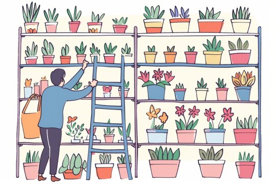 Cartoon cute doodles of a florist using a ladder to reach high shelves stocked with flower pots and planters, Generative AI