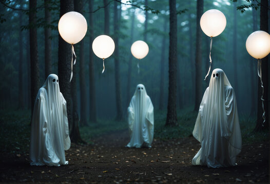 A haunting scene depicting ghostly figures in white sheets holding illuminated balloons, standing on a path through a dark, misty forest.