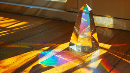 A crystal showpiece creates a mesmerizing array of shadows and lights on a polished wooden floor