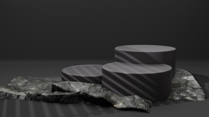 Abstract Background. Black podium for premium products display, Black marble pedestal nature advertising cosmetic concept and shadow of window on black background. 3d rendering