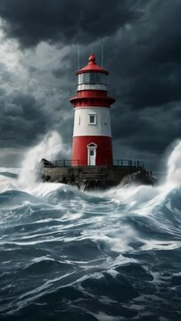 LIGHTHOUSE ILLUMINATING ON A STORMY NIGHT. VIDEO. VERTICAL