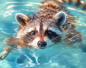 Cheerful raccoon in backstroke swim, bright pool setting, gentle ripples, warm light, inviting look, vivid clarity , high resolution - obrazy, fototapety, plakaty