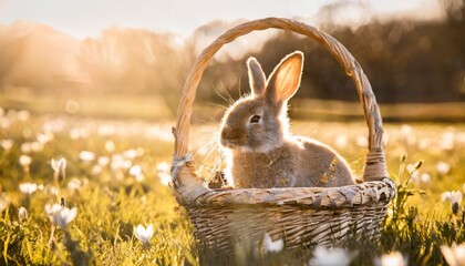 cute rabbit in a easter basket on a spring meadow