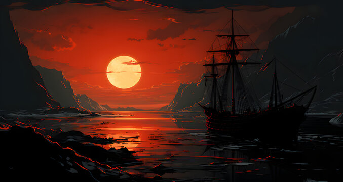 an image of the setting sun on a large boat