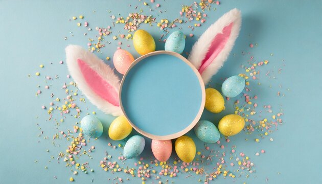 easter concept top view photo of empty circle easter bunny ears yellow blue pink eggs and sprinkles on isolated pastel blue background with copyspace