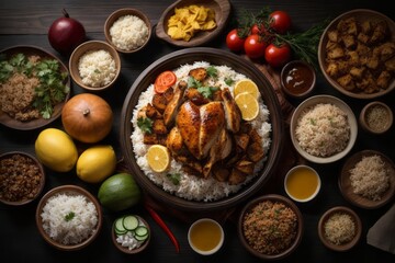 Asian rustic dishes, chicken with rice and side dishes on the table