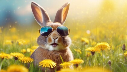 easter rabbit with reflective sunglasses super cute and funny laughing sits in a yellow dandelion field easter background banner for marketing sales and social media illustration - obrazy, fototapety, plakaty