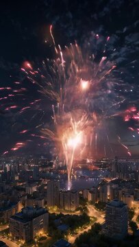 FIREWORKS OVER THE CITY. VIDEO. VERTICAL. 