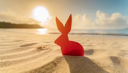 Fotobehang creative easter concept photo of red paper bunny on the sand on the beach at sunset concept of easter celebrations in tropical countries © Jayla