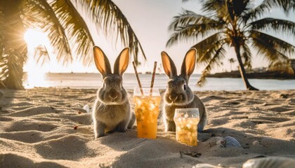 easter bunnies on vacation with cold drinks on the sand beach with palm trees travel agency advertisement - obrazy, fototapety, plakaty
