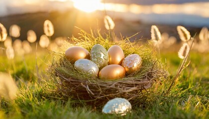 Fototapeta na wymiar happy easter nest with easter eggs in grass on a sunny spring day easter decoration background