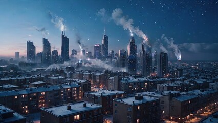 city skyline pollution - obrazy, fototapety, plakaty