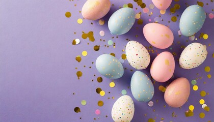easter celebration concept top view photo of pink blue white easter eggs and confetti on isolated lilac background with copyspace