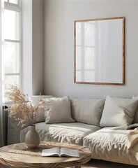 Frame Mockup Set in a Living Room Interior Background with Grey Sofa, Table, and Decor, Scandinavian Style. Presented in 3D Render. Made with Generative AI Technology