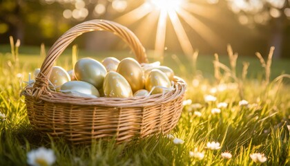 colorful easter eggs in a wicker basket on green grass on a sunny day sun rays easter background - obrazy, fototapety, plakaty