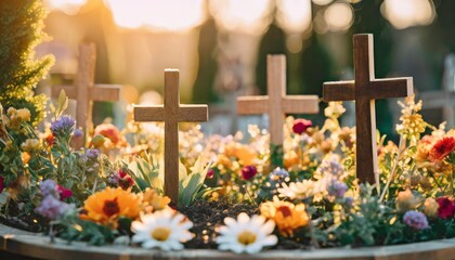 a miniature easter resurrection garden featuring wooden crosses vibrant flowers and greenery celebrating the christian festival of resurrection