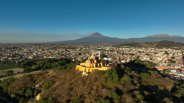 Drone circling the Nuestra Se&ntilde;ora de Los Remedios Cholula, sunrise in Puebla, Mexico