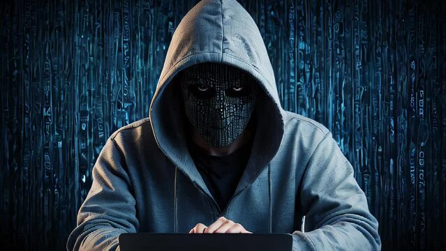 HACKER WITH HIS FACE COVERED AND A HOOD. VIDEO. HORIZONTAL.