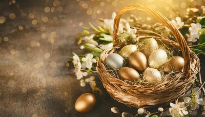 Fototapeta na wymiar vintage background with easter eggs in basket on dark background easter background with eggs and spring flowers top view with copy space