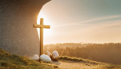 easter sunday concept tomb empty with cross on sunset background copy space - obrazy, fototapety, plakaty