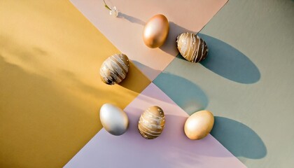 Fototapeta na wymiar creative flat lay photo of easter eggs on colorful background