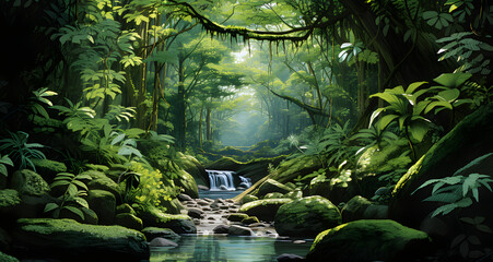 a waterfall flows through an empty wooded stream - obrazy, fototapety, plakaty