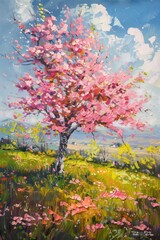 An abstract painting showcasing a beautiful springtime scene of cherry blossom trees, with rough canvas texture resembling palette knife strokes