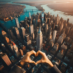 Aerial image of new york with a hand making a heart shape
