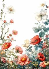 Fototapeten Vintage red poppy Botanicals pattern  frame or border on white  background, illustration for background, wallpaper, invitation and greeting card © Wipada