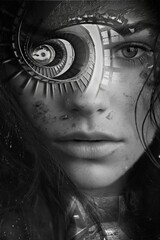 Dramatic black and white portrait of a young woman with a spiral staircase covering her one eye, showcasing a mysterious and artistic composition in a captivating and alluring manner.