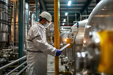 Technologist in a white robe, gloves and mask holding a tablet and stands near the bedon factory dairy products. The inspector checks the performance at the production plant
