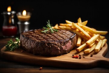 meat steak and french fries on wooden board served, delicious restaurant food menu