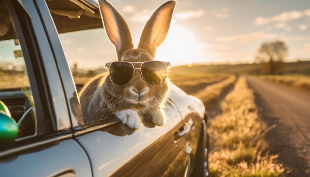easter bunny with easter eggs cute easter bunny with sunglasses looking out of a car filed with easter eggsd image