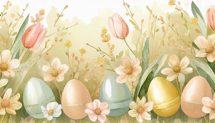 Fototapeta na wymiar cute easter horizontal border with flowers and easter eggs horizontal seamless pattern beautiful background great for easter cards banner textiles wallpapers
