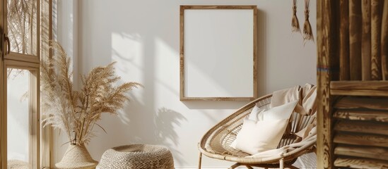 Mockup of wooden frame in cozy neutral room with wicker armchair and boho decor