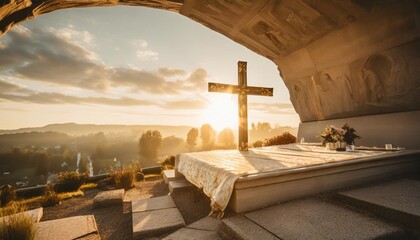 empy tomb with shroud and crucifixion at sunrise resurrection of jesus christ - obrazy, fototapety, plakaty