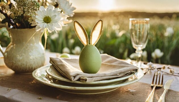 stylish easter brunch table setting with egg in easter bunny napkin modern natural dyed green egg on napkin with bunny ears flowers on vintage plate rustic easter table decorations