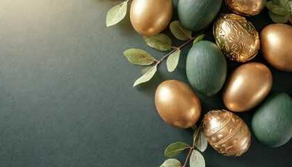 a group of green and gold easter eggs with leaves on a dark green background with a place for a text or a picture or a logo