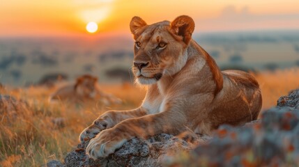 A Felidae Carnivore rests on a rock in a grassland plain under the sunset sky