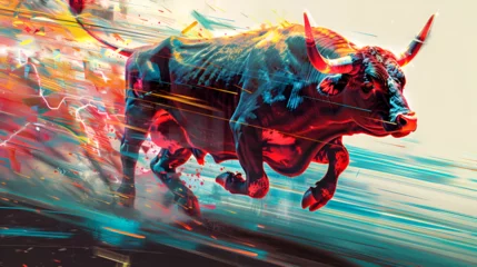 Zelfklevend Fotobehang Racing Bull, Bull Fighting, world Animals Day, International Animal, Generative Ai © Jaunali
