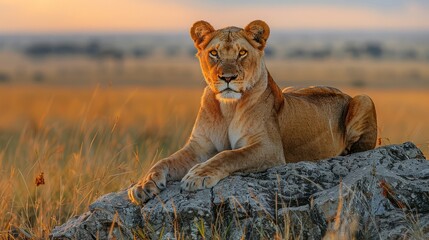 a lioness is laying on a rock in the middle of a field