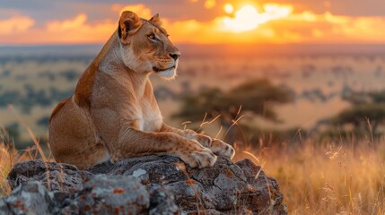 A lioness perches on a rock as the sun sets over the grassland - obrazy, fototapety, plakaty