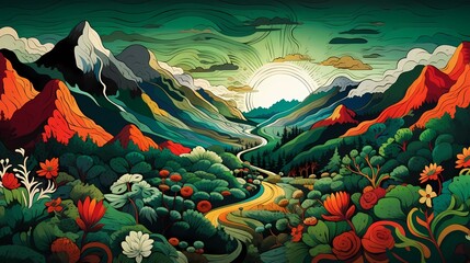 Green mountain top landscape illustration abstract art decorative painting background