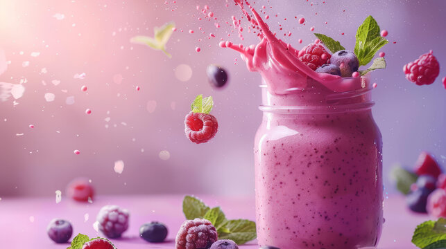 A vivid, dynamic image of a berry smoothie splashing out of the jar among mixed berries and mint, suggesting freshness and wholesomeness