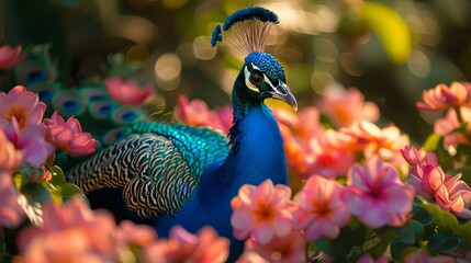 A Phasianidae bird with electric blue feathers sitting among pink flowers