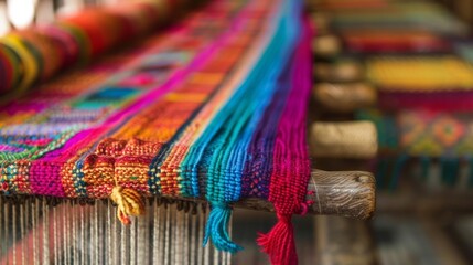 A closeup image of a traditional loom with colorful threads woven together to create a beautiful textile highlighting the importance of preserving traditional weaving ods - obrazy, fototapety, plakaty