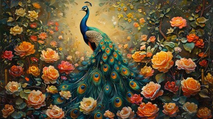A peacock gracefully stands amidst a colorful garden of flowers