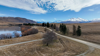 Aerial views of the alpine Lake Camp in NZ South island Ashburton conservation park