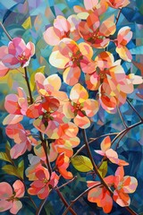 Oil painting portrays blooming flowers in the garden during spring, showcasing rough canvas texture resembling strokes of a palette knife.
